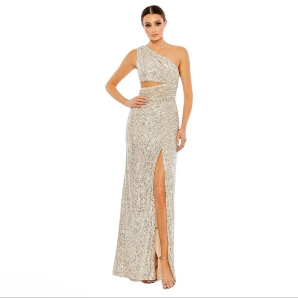 MAC DUGGAL Dress Size 4 Evening Gown Sequin NEW Cream One Shoulder Cut Out - Picture 1 of 12